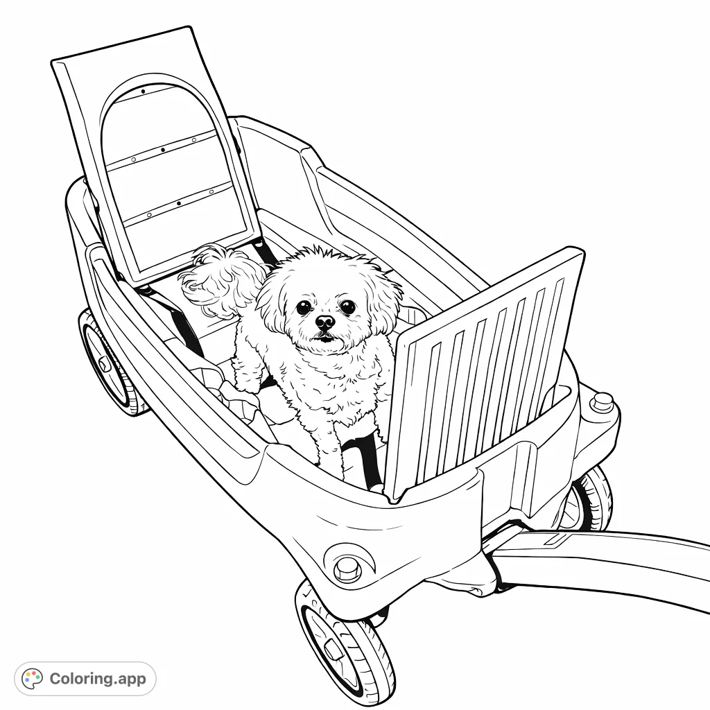 A charming, fluffy dog stands upright in a classic toy wagon, gazing forward expectantly. A delightful and adorable scene for kids and dog lovers.