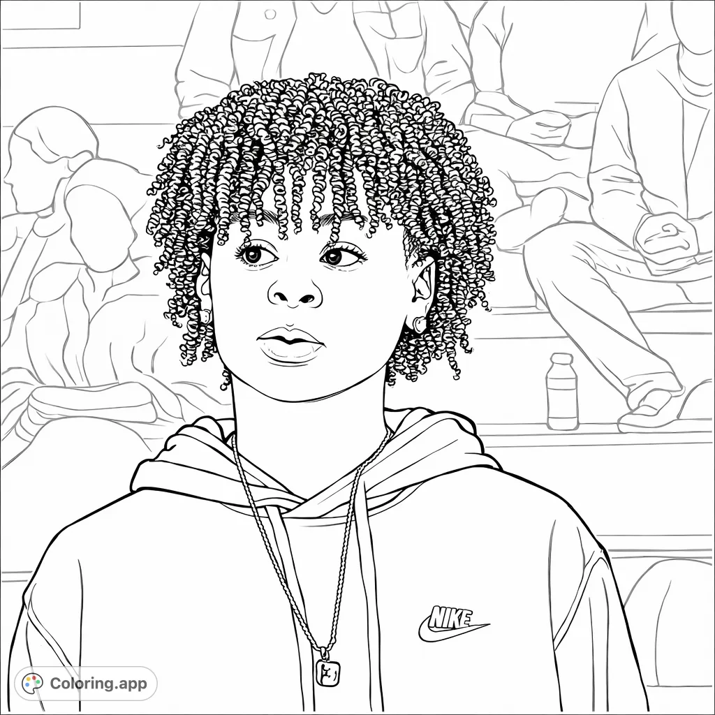 A detailed portrait of a youth with expressive curly hair, wearing a stylish hoodie and a pendant necklace. Perfect for fashion and character coloring.