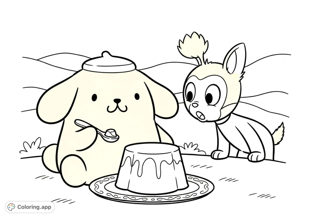 Join Pompompurin as he shares a delightful pudding with the ever-curious Flapjack! A charming scene for fans of both beloved characters, ready for your creative touch.