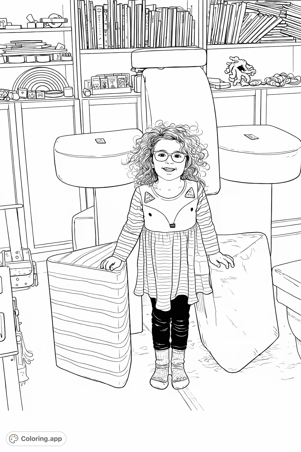 A delightful coloring page featuring a smiling child surrounded by stacked play blocks, a striped toy, and bookshelves filled with books and toys.