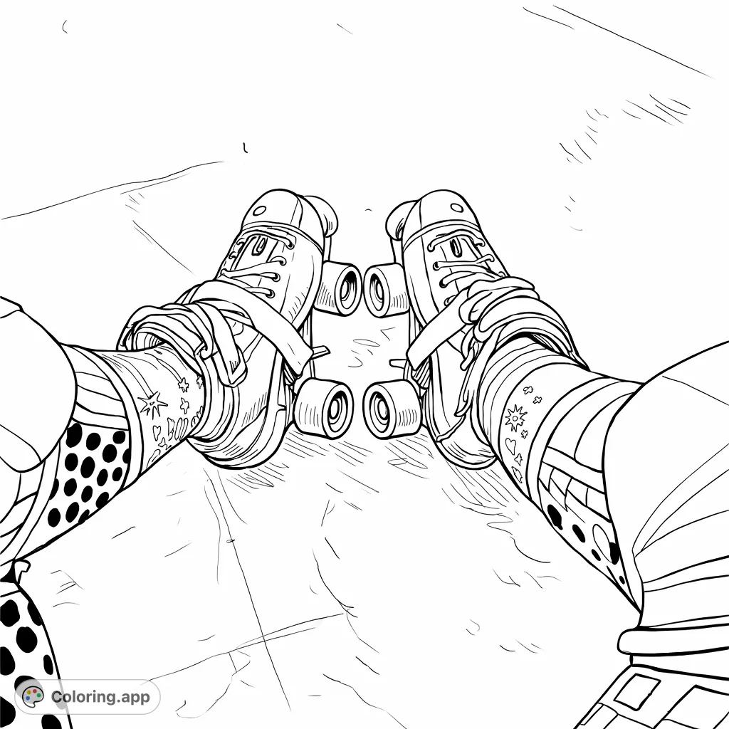 Lace up for fun with this vibrant roller skate coloring page, featuring detailed boots, patterned socks, and dynamic wheels, ready for your creative touch!