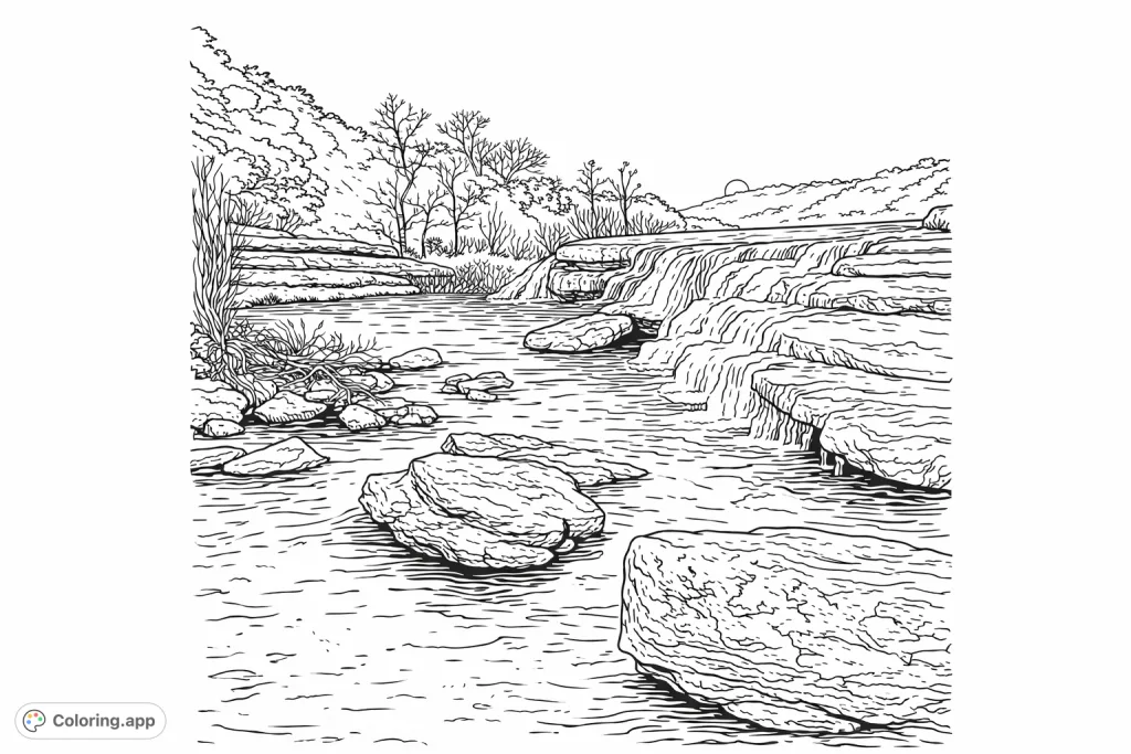 Discover a serene nature waterfall coloring page, featuring cascading water over textured rocks and lush riverbanks under a vast sky. A perfect escape.