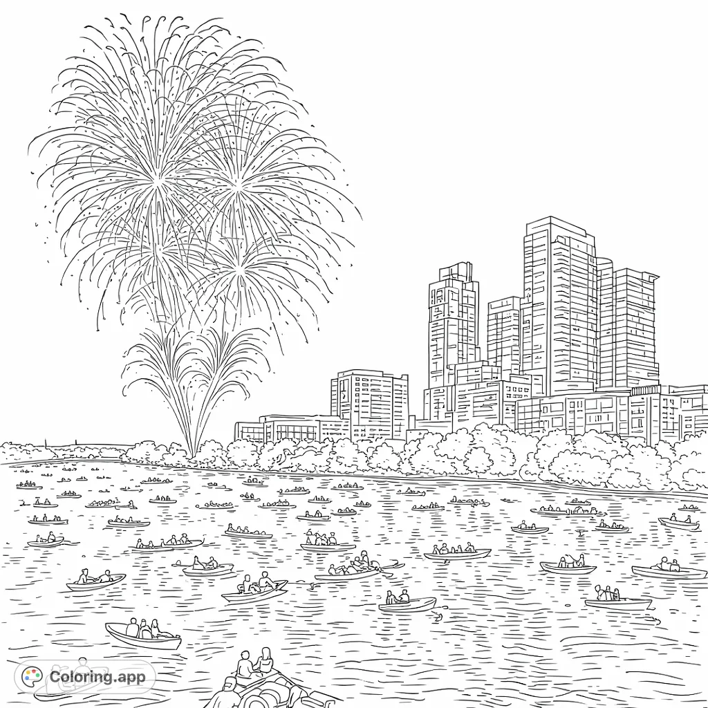 Color an exciting city night scene with grand fireworks illuminating the skyline and a bustling river filled with numerous boats, perfect for detailed coloring.