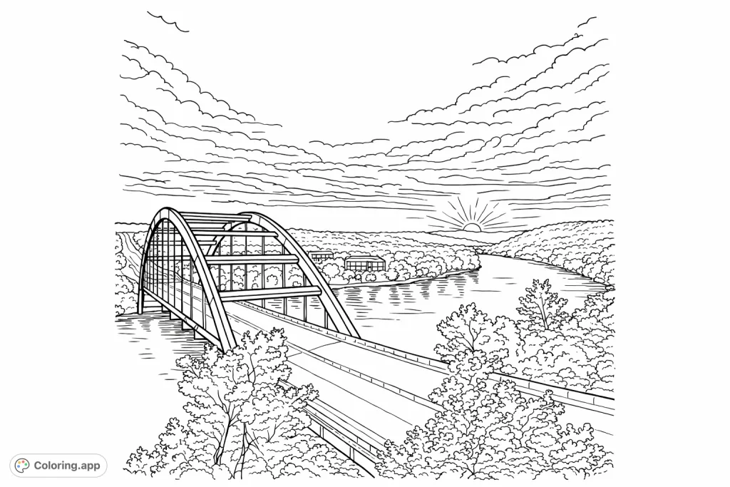 Immerse yourself in a grand landscape featuring a magnificent arch bridge over a winding river, surrounded by hills and dramatic skies. A captivating architectural and nature scene.