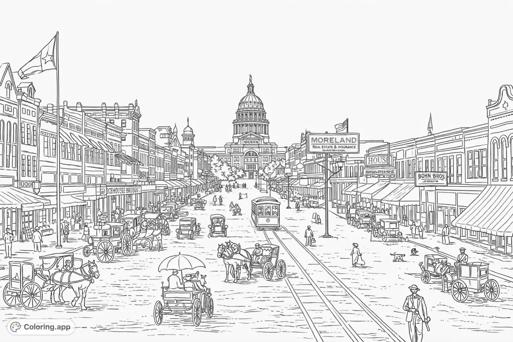 Step back in time with this historic cityscape coloring page, featuring a grand domed building, bustling street activity, and vintage transportation.