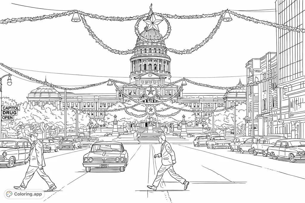 A nostalgic street scene featuring the Texas State Capitol adorned with festive garlands and stars, with vintage cars and pedestrians from a bygone era.