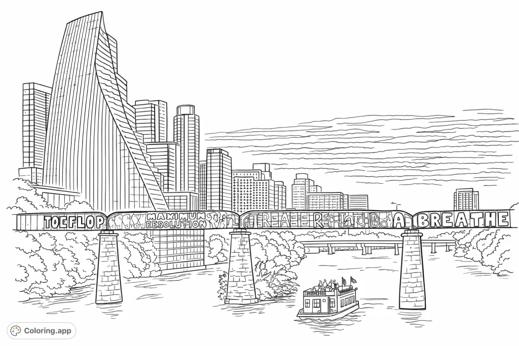 Explore a vibrant urban river scene featuring a detailed city skyline, a graffiti-covered bridge, and a scenic tour boat. Perfect for creative expression!