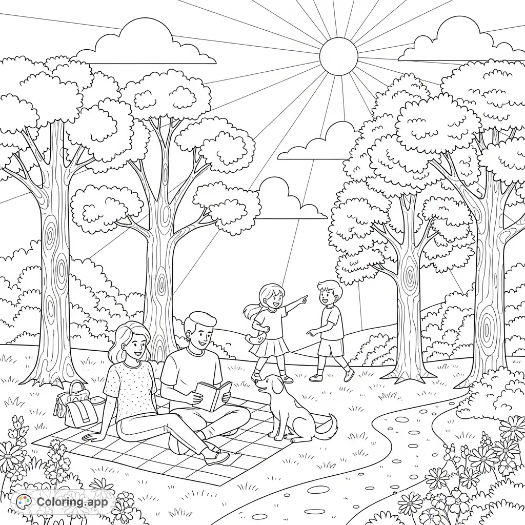 A delightful nature coloring page featuring a family, friendly animals, towering trees, and a radiant sun in an idyllic outdoor setting. Perfect for all ages!