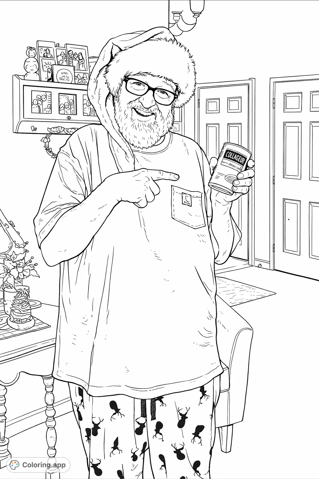 Capture the festive spirit with this cheerful man wearing a long, floppy holiday hat and patterned pajamas, holding a can. A fun and whimsical holiday coloring page!