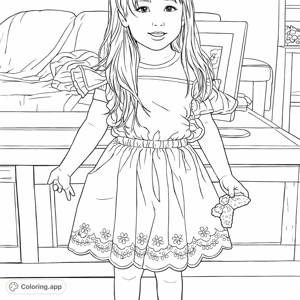 A charming coloring page featuring a young girl in a ruffled dress with embroidered details, perfect for sparking creativity and mindful coloring.
