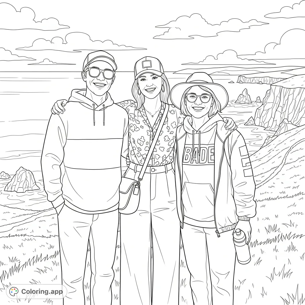 A cheerful trio of friends on a scenic cliffside path overlooking a vast ocean with rocky formations and distant land, ready for a fun coloring adventure.