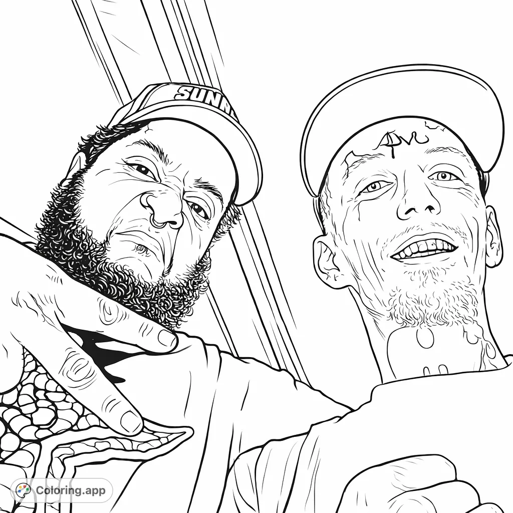 Two individuals with distinct styles, facial features, and expressive poses in a dynamic close-up. Features unique tattoos, piercings, and apparel.