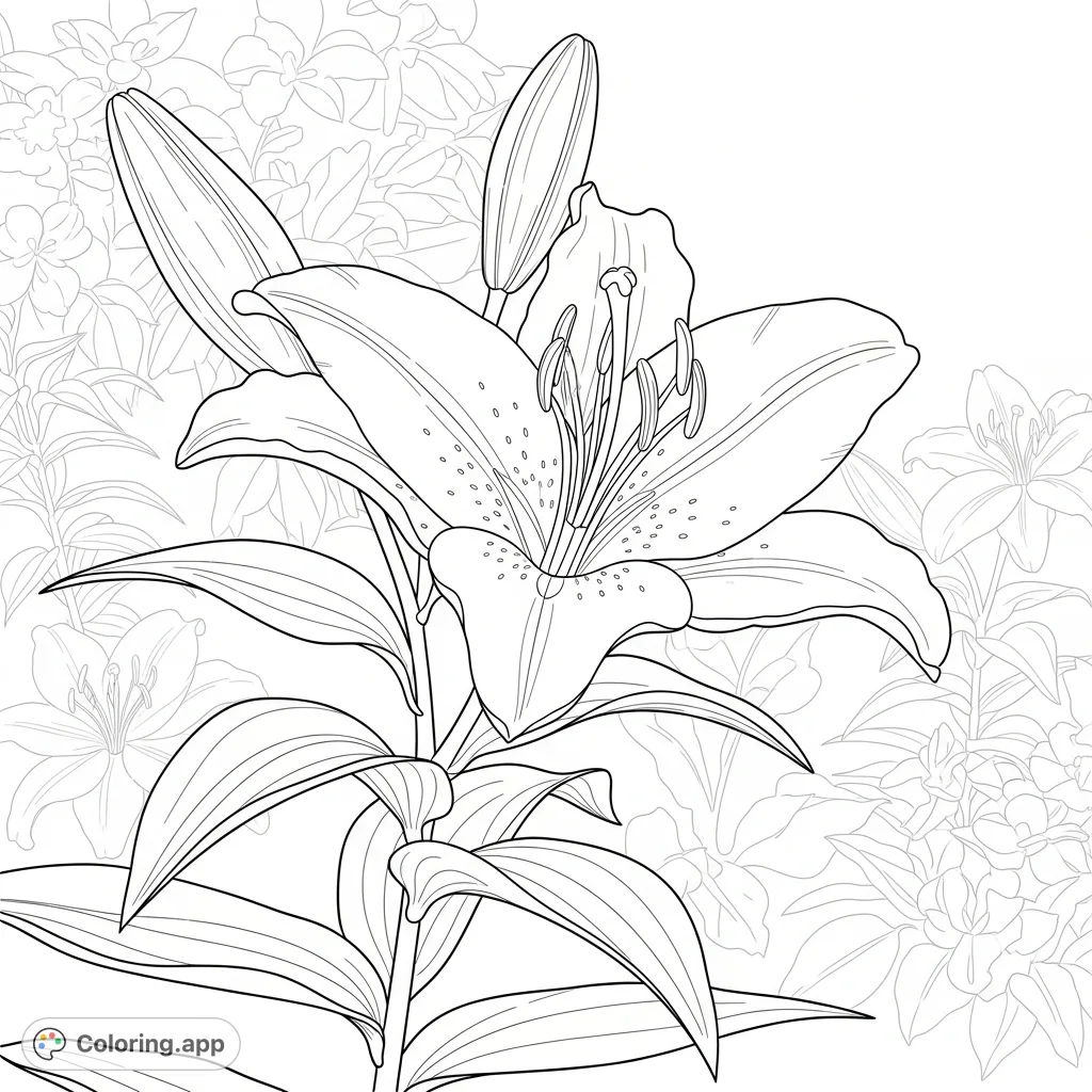 A beautiful lily stands gracefully in a tranquil garden, offering intricate petals and delicate details for a serene coloring experience.