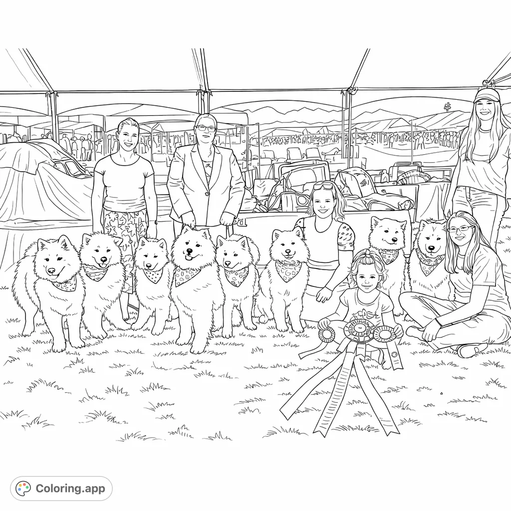 Color this charming scene featuring six fluffy dogs and their handlers at an outdoor event, complete with patterned bandanas and ribbons.