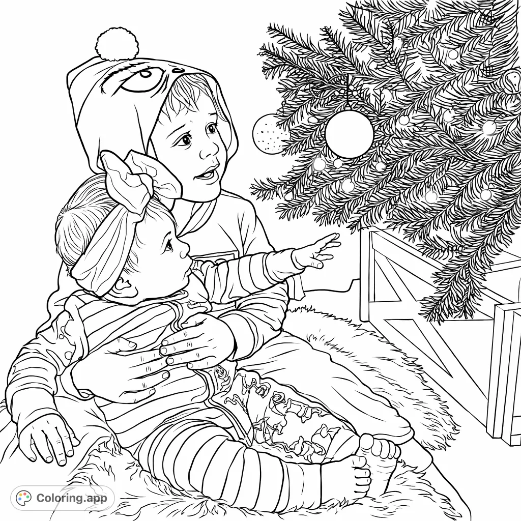 Capture the heartwarming scene of two children embracing the festive season. A perfect holiday coloring page for kids and families to enjoy together.