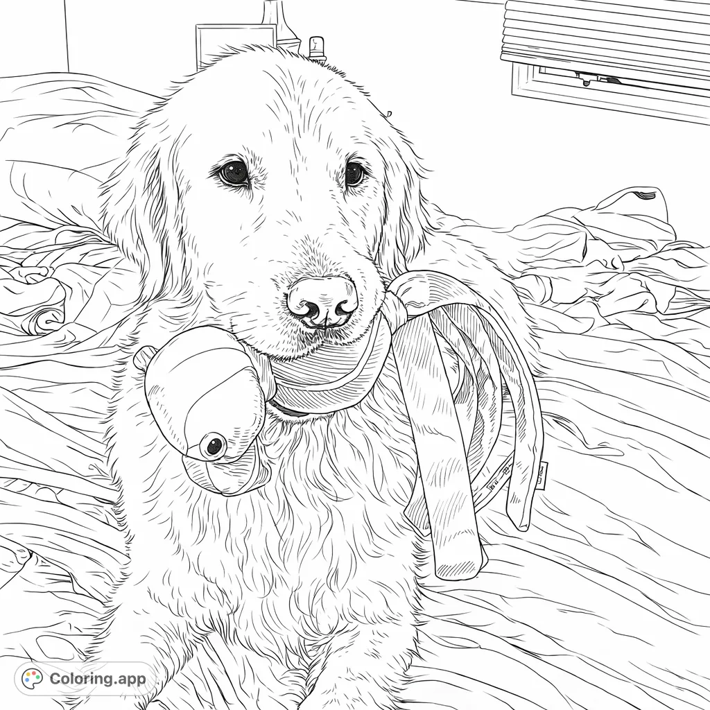 A charming golden retriever with its beloved toy, nestled on a cozy bed. This heartwarming scene offers a delightful canvas for animal lovers to bring to life.