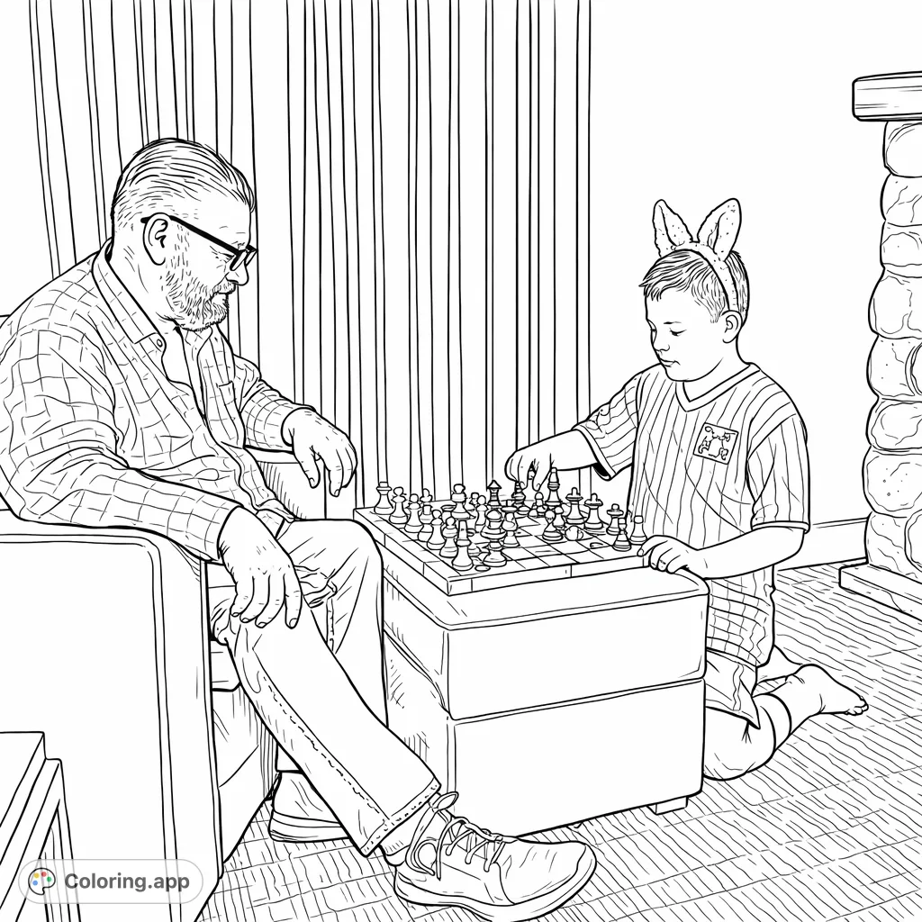 An adult and a child engrossed in a strategic game of chess, fostering intergenerational bonding. This free printable chess game coloring page offers family fun.