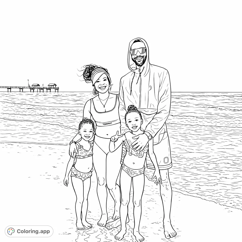 A heartwarming family beach day coloring page featuring two adults and two children by the ocean. Capture smiles, waves, and a distant pier.
