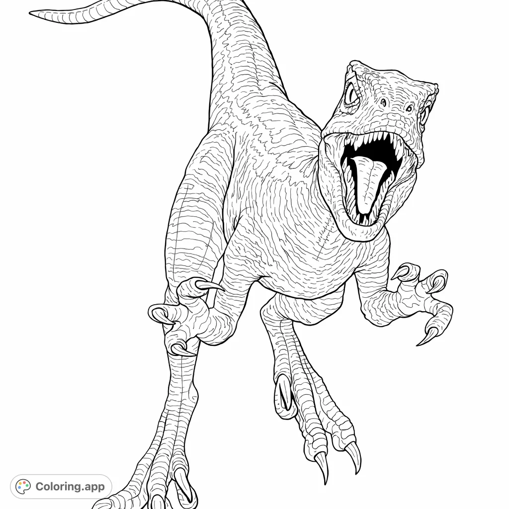 Capture the fierce energy of a raptor in a dynamic, scaly form. This dinosaur coloring page showcases intricate scales, sharp claws, and a powerful open mouth.