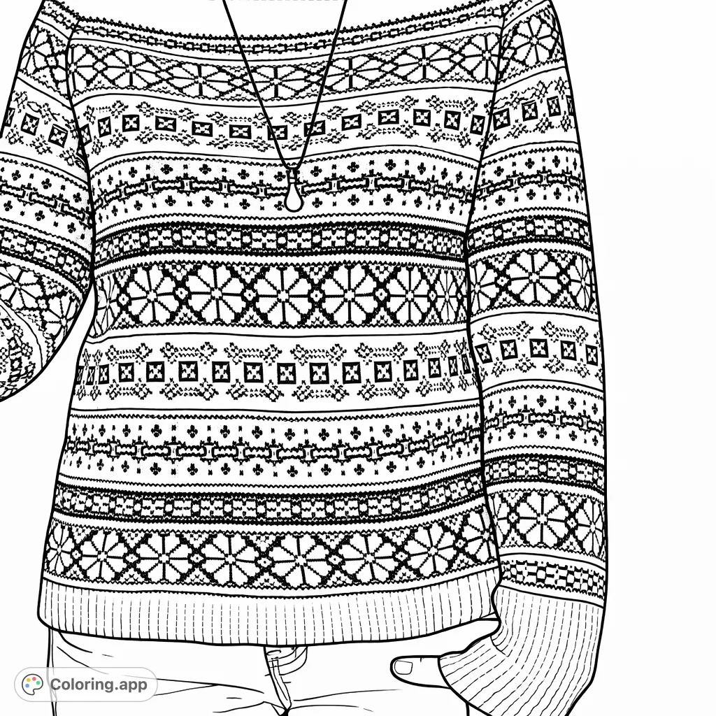 Color a cozy, intricately patterned sweater featuring detailed snowflake and geometric designs. A perfect challenge for pattern enthusiasts and adult colorists.