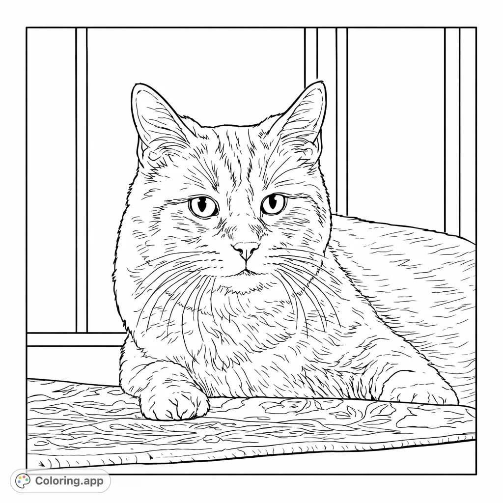 Relaxed Domestic Cat on Mat - Coloring.app