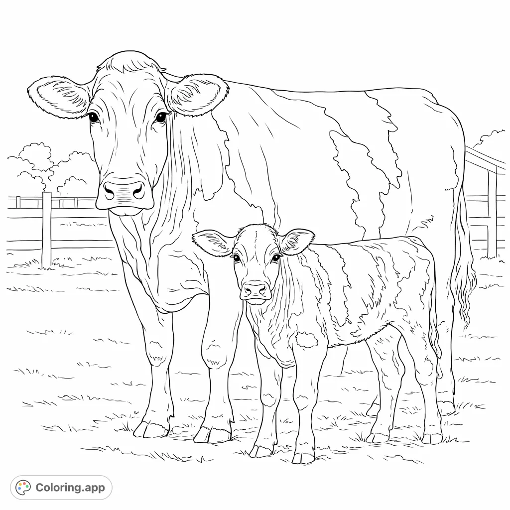 A heartwarming cow and calf coloring page featuring realistic farm animals. A free printable farm animal coloring page for kids and adults, perfect for animal lovers.