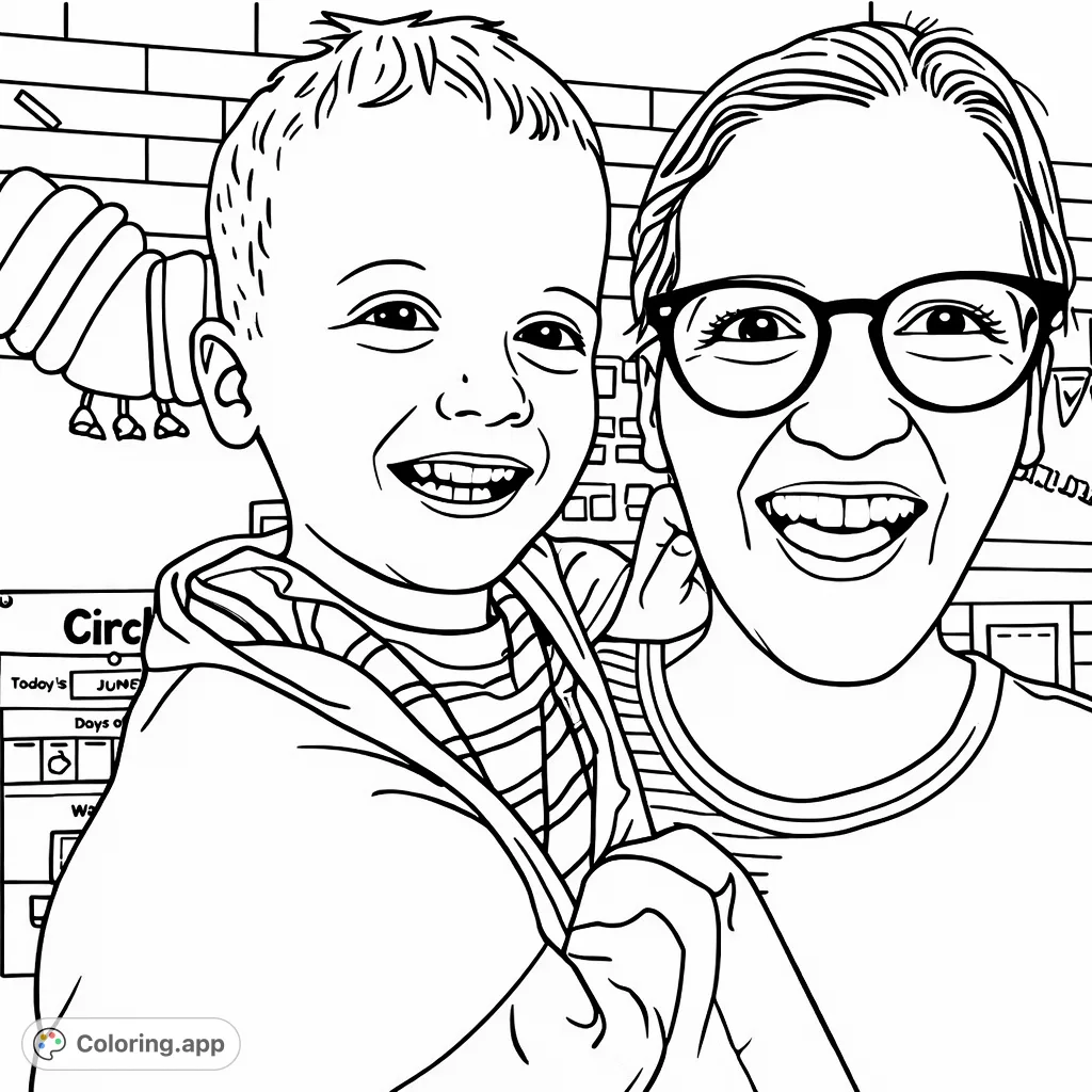 Capture a heartwarming moment of a smiling child in a lab coat and an adult in a lively classroom. A cheerful scene for creative expression and family fun.