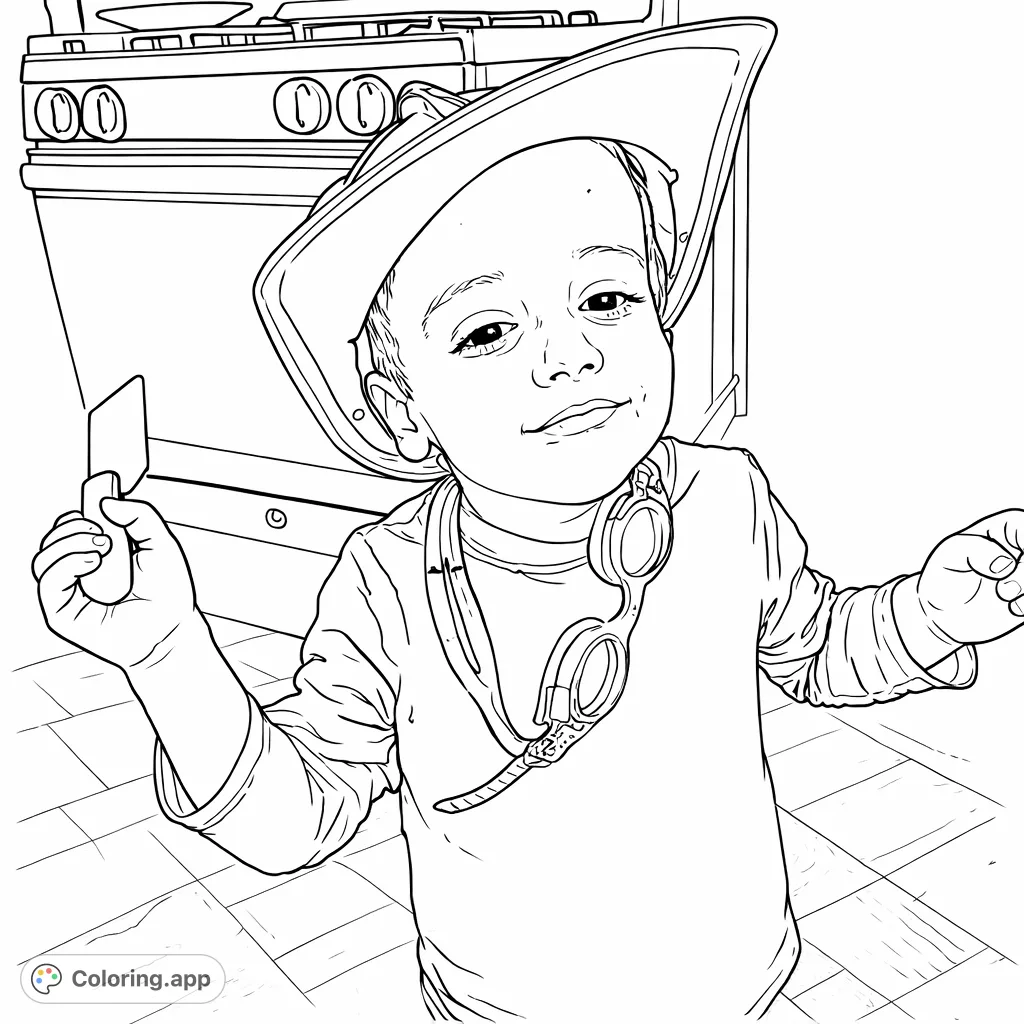 A playful child in a firefighter hat, with swim goggles and a toy knife, ready for imaginative adventures. Bring this charming scene to life with your favorite colors.
