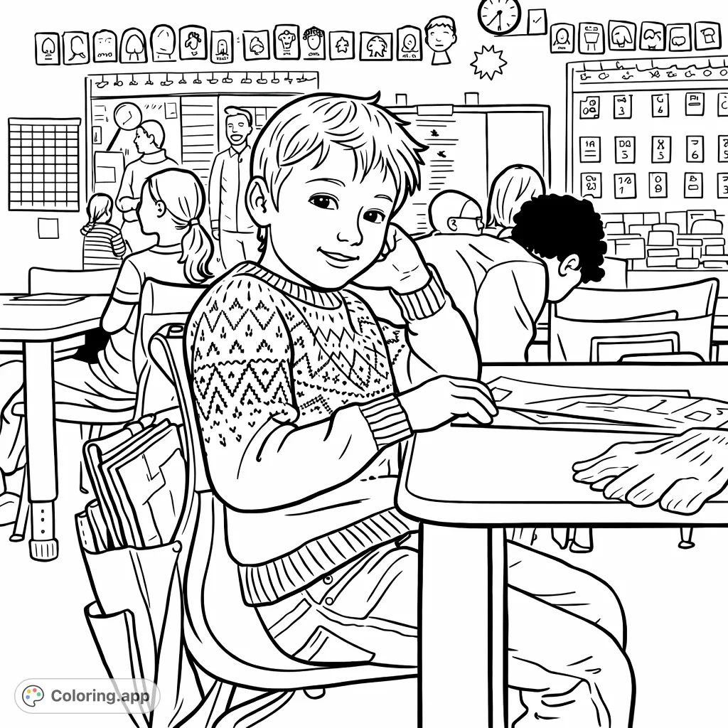 Capture a heartwarming moment with this classroom coloring page featuring a smiling boy at his desk amidst learning activities. Perfect for young artists!