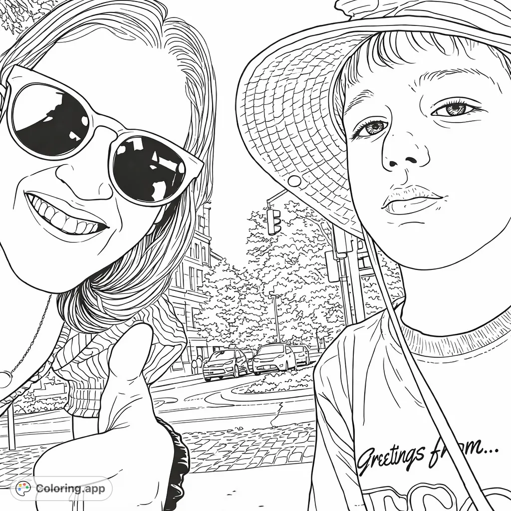 Capture a cheerful urban moment! A smiling woman in sunglasses gives a thumbs-up beside a young boy with a hat and smudges, set against a city street backdrop.