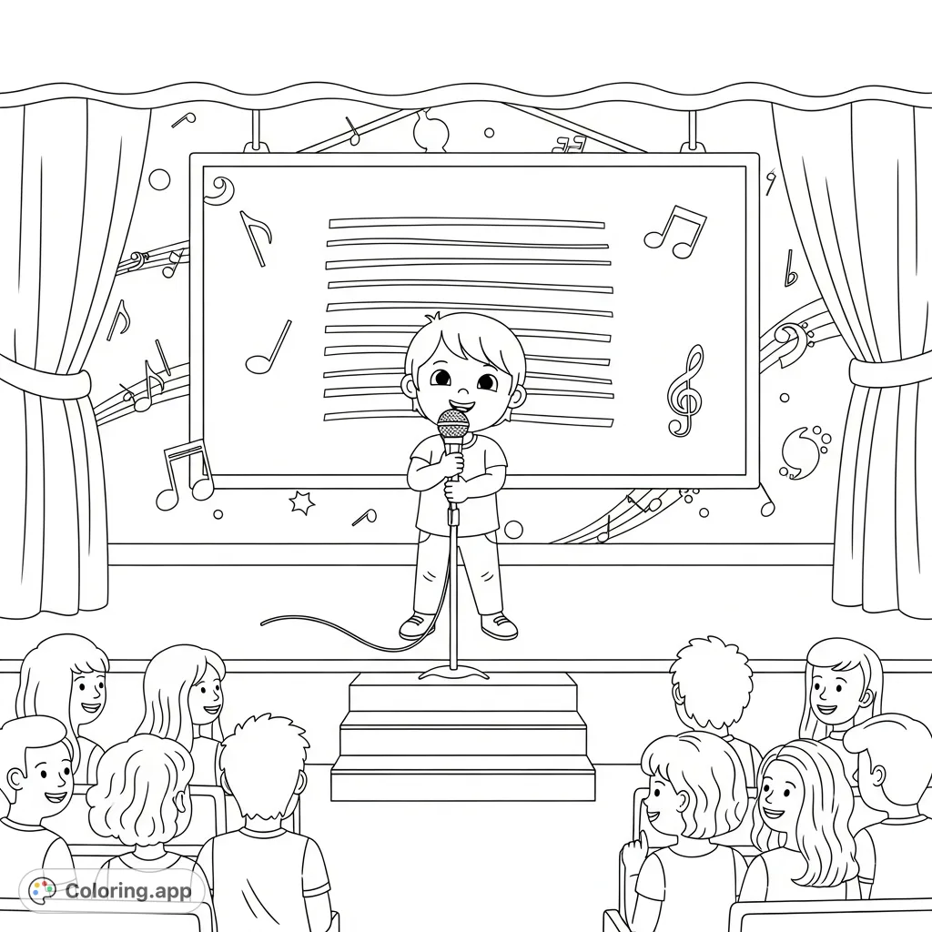 A delightful free printable singing child coloring page featuring a young performer on stage with a microphone, lyrics screen, and smiling audience. Perfect for music lovers!