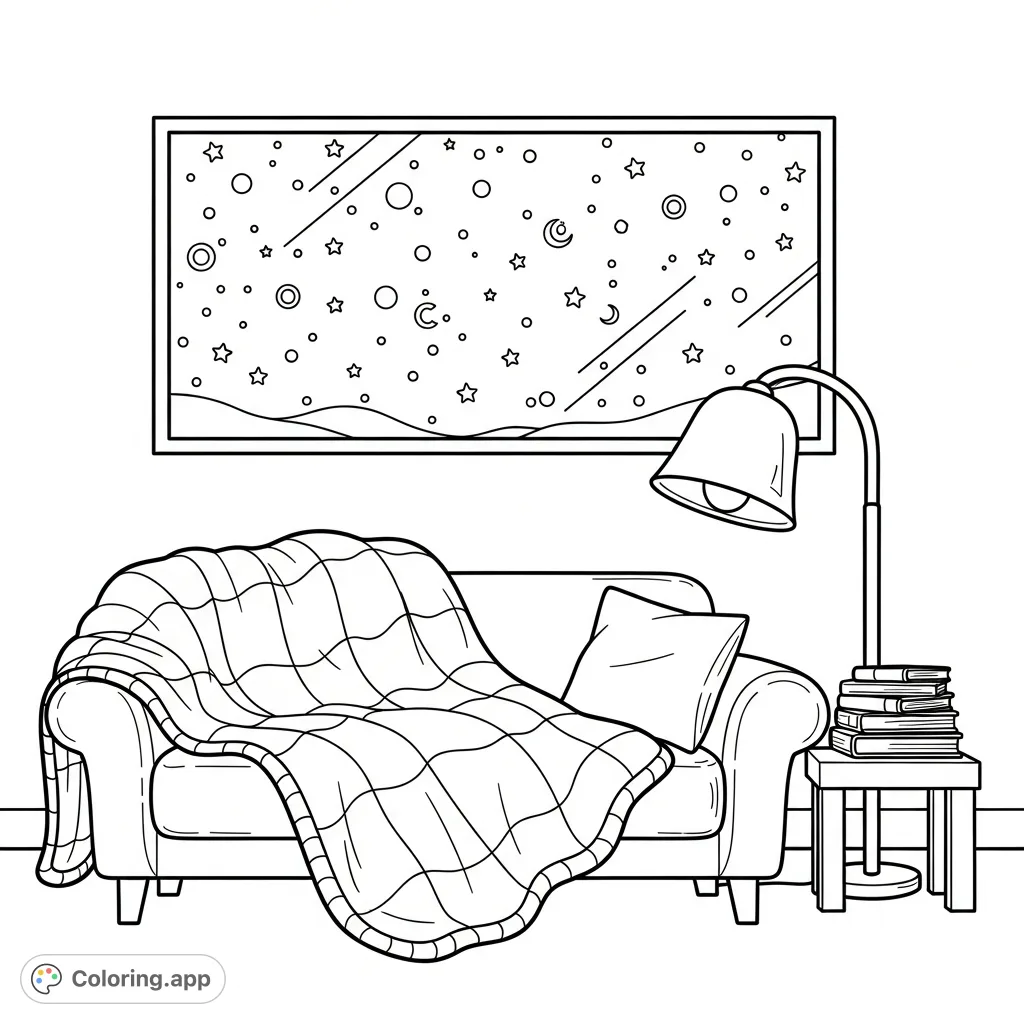Escape into a serene evening with a cozy couch, soft blanket, and a lamp, all framed by a window revealing a spectacular starry night sky. Perfect for relaxation.