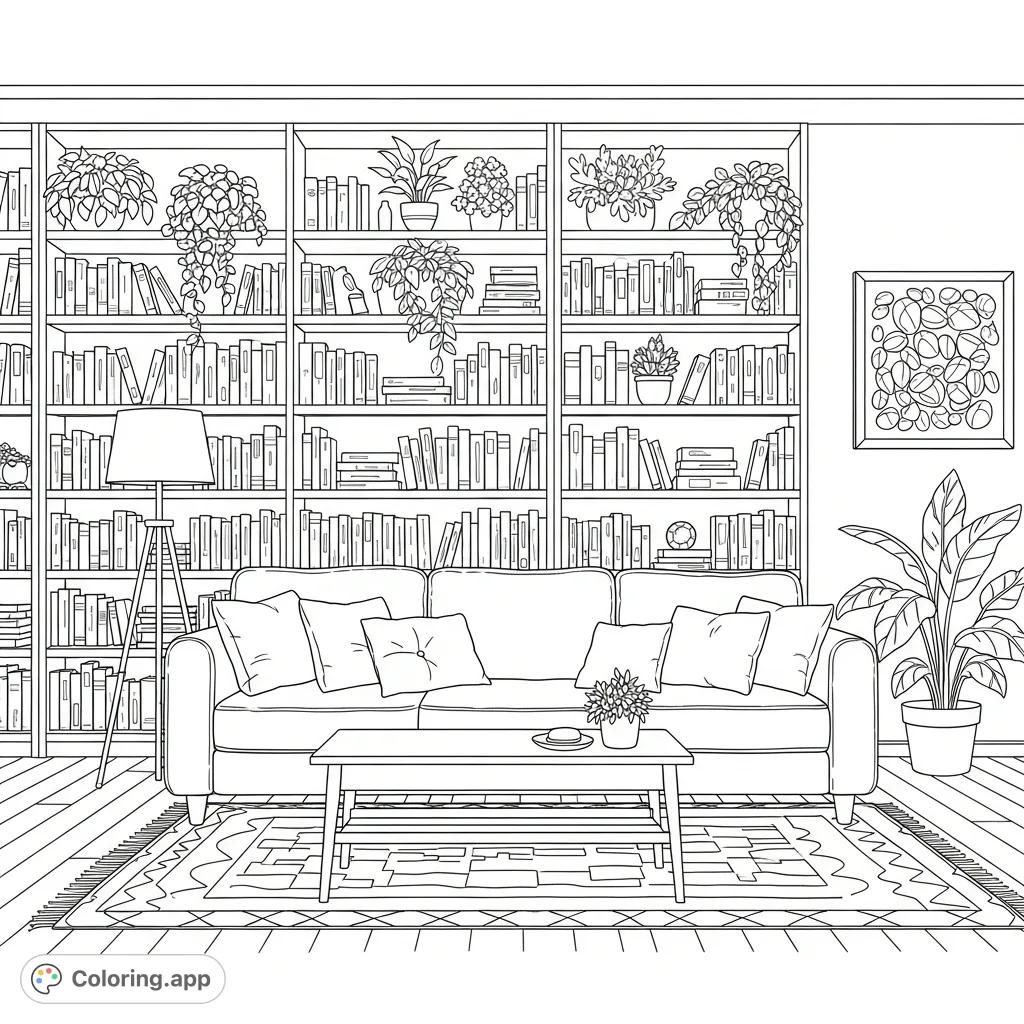 Discover a cozy living room scene with detailed shelves, lush plants, a plush sofa, and a patterned rug. Perfect for a relaxing coloring experience.