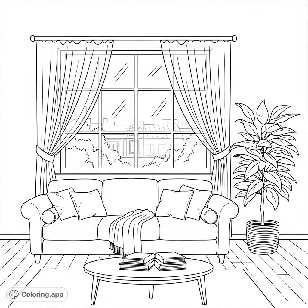 Step into a tranquil living room coloring page featuring a plush sofa, sunlit window with tied-back curtains, a leafy floor plant, and a coffee table. Perfect for a peaceful escape.