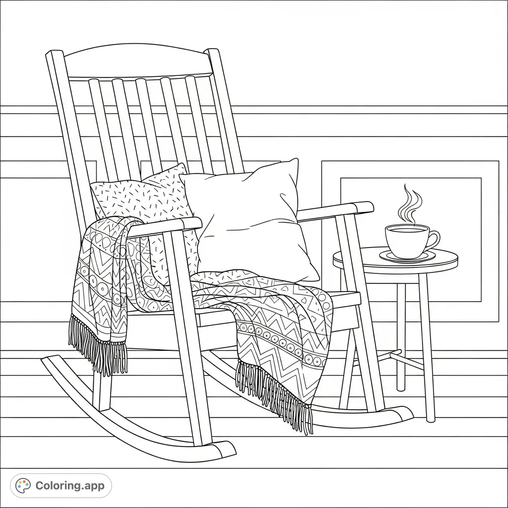 Discover tranquility with this cozy corner coloring page featuring a rocking chair, soft blanket, and a steaming cup of tea. Perfect for relaxation!
