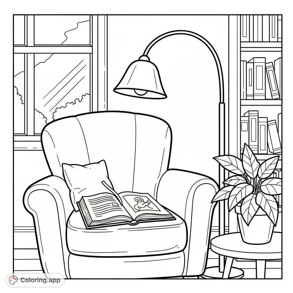 Discover a tranquil reading space featuring a plush armchair, an open book, a classic lamp, and a plant, perfect for relaxation and imagination.