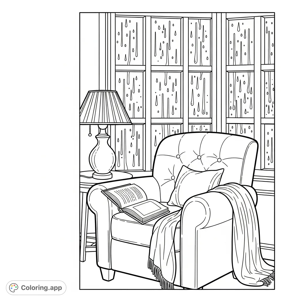 A tranquil reading nook with a comfy armchair, a side table with a book and lamp, and rain streaking a window, inviting relaxation and imagination.