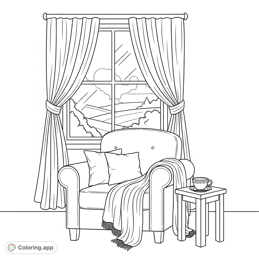 Immerse yourself in this cozy armchair coloring page. A plush armchair by a window with flowing curtains, a small table, and a cup, perfect for relaxation.