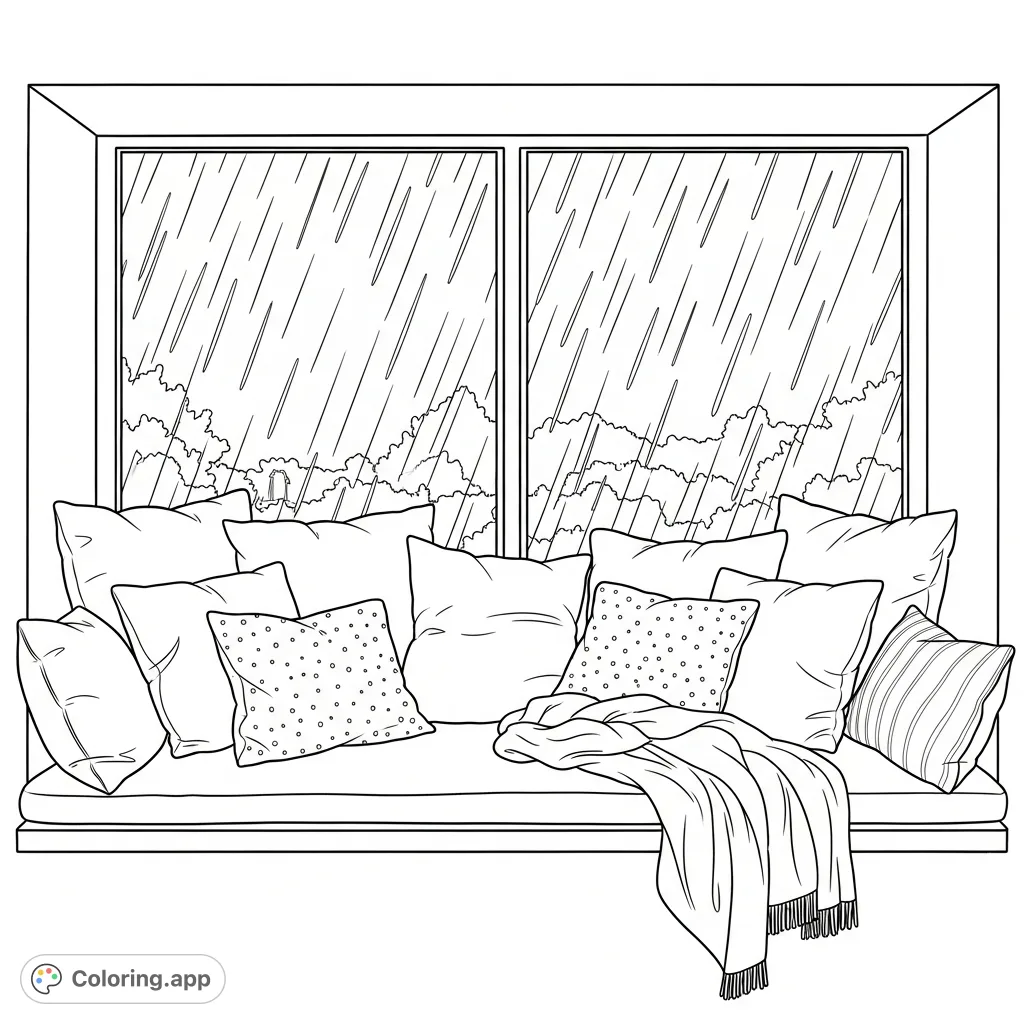 Escape into comfort with this cozy window seat coloring page featuring plush cushions, a soft blanket, and a tranquil rainy outdoor view. Perfect for relaxation.