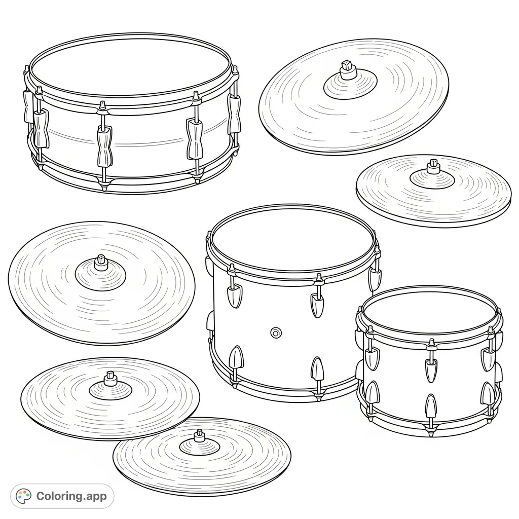 Color individual drum kit pieces like snare, toms, and cymbals. Perfect for young musicians and a fun introduction to musical instruments. Free printable.