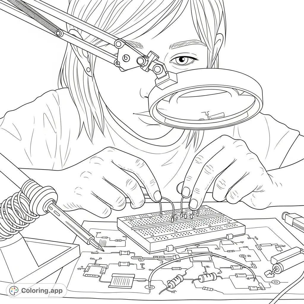 Explore the intricate world of electronics with this detailed coloring page featuring a young girl's hands connecting wires and tiny components on a technical drawing.