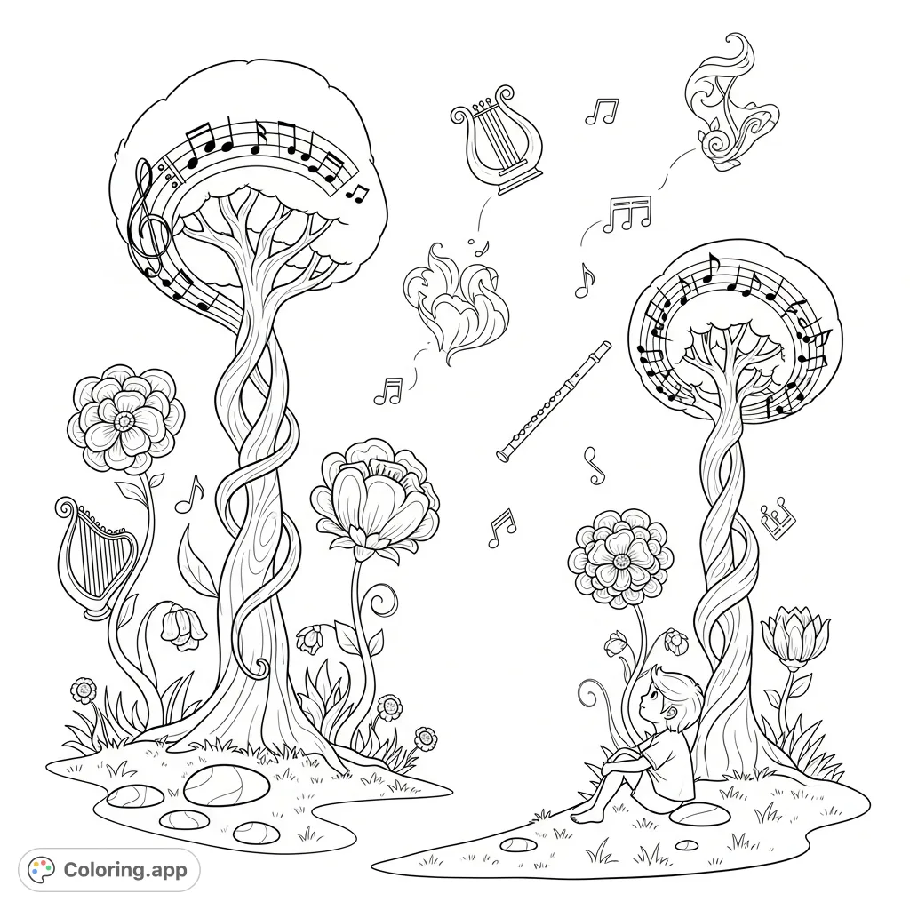 Step into a magical realm with music trees, note-shaped flowers, and instruments floating in the air. A whimsical fantasy scene for creative coloring.
