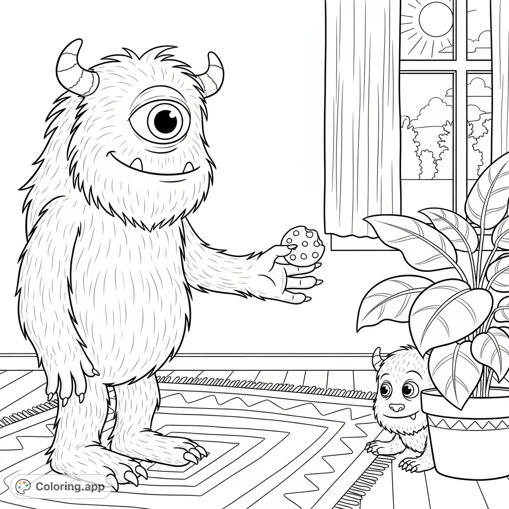 A heartwarming monster scene: a large, one-eyed monster offers a freshly baked cookie to a shy, smaller monster peeking from behind a plant in a cozy room.