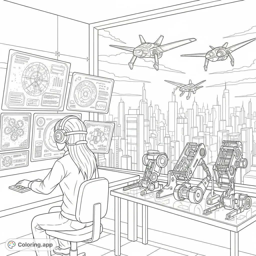 Explore a detailed futuristic laboratory scene, featuring a girl with a headset, glowing holographic displays, intricate robotic components, and a towering cityscape with aerial vehicles.