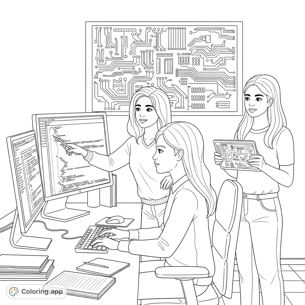 Explore a modern computer lab scene where three girls are engaged in coding. One points at code, another types, and a third observes with a diagram.