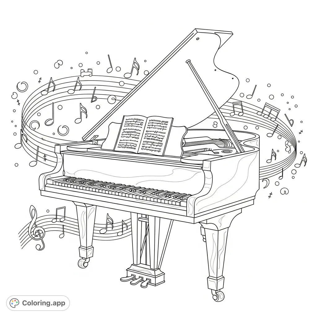 Capture the elegance of a grand piano surrounded by a symphony of decorative musical notes. A challenging yet rewarding coloring page for music lovers.