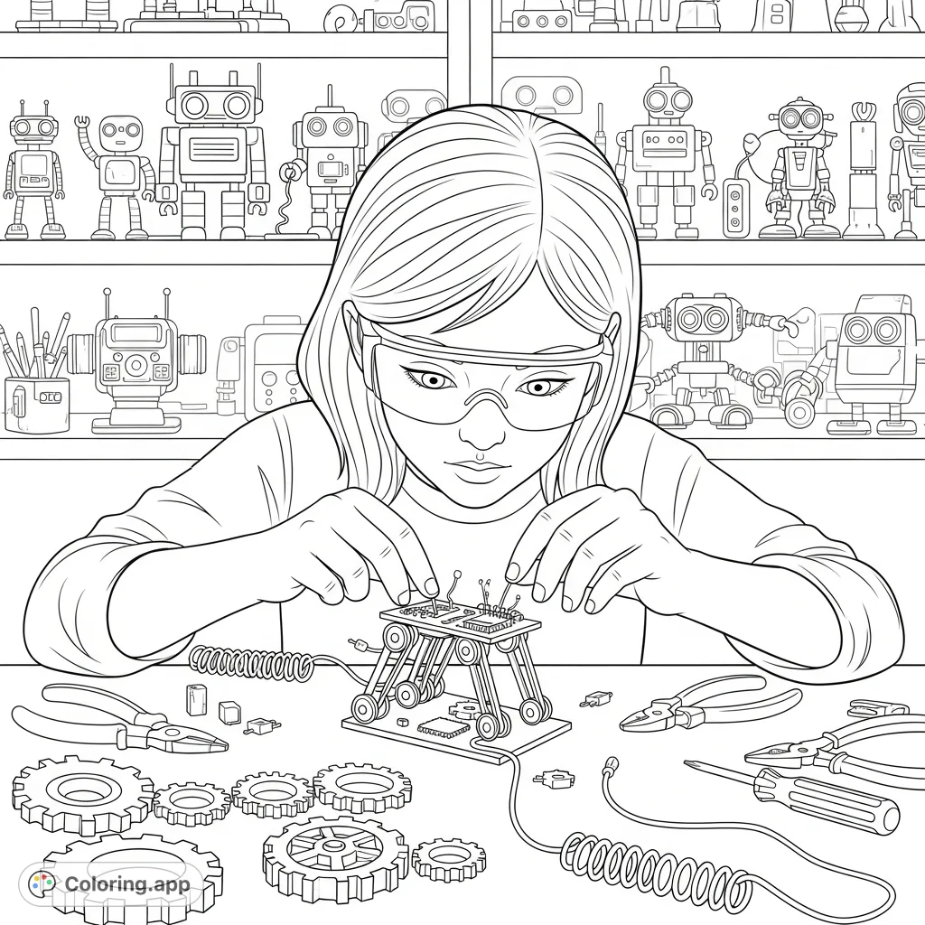 Discover a dedicated young girl meticulously assembling a multi-jointed robot on her workbench, surrounded by gears, wires, and tools.