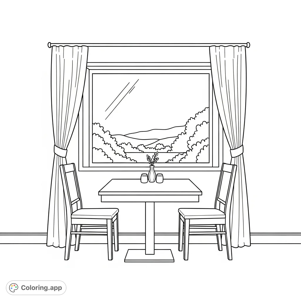 A tranquil minimal dining nook coloring page featuring a small table, two chairs, and a serene window with curtains, offering a peaceful scene for coloring.