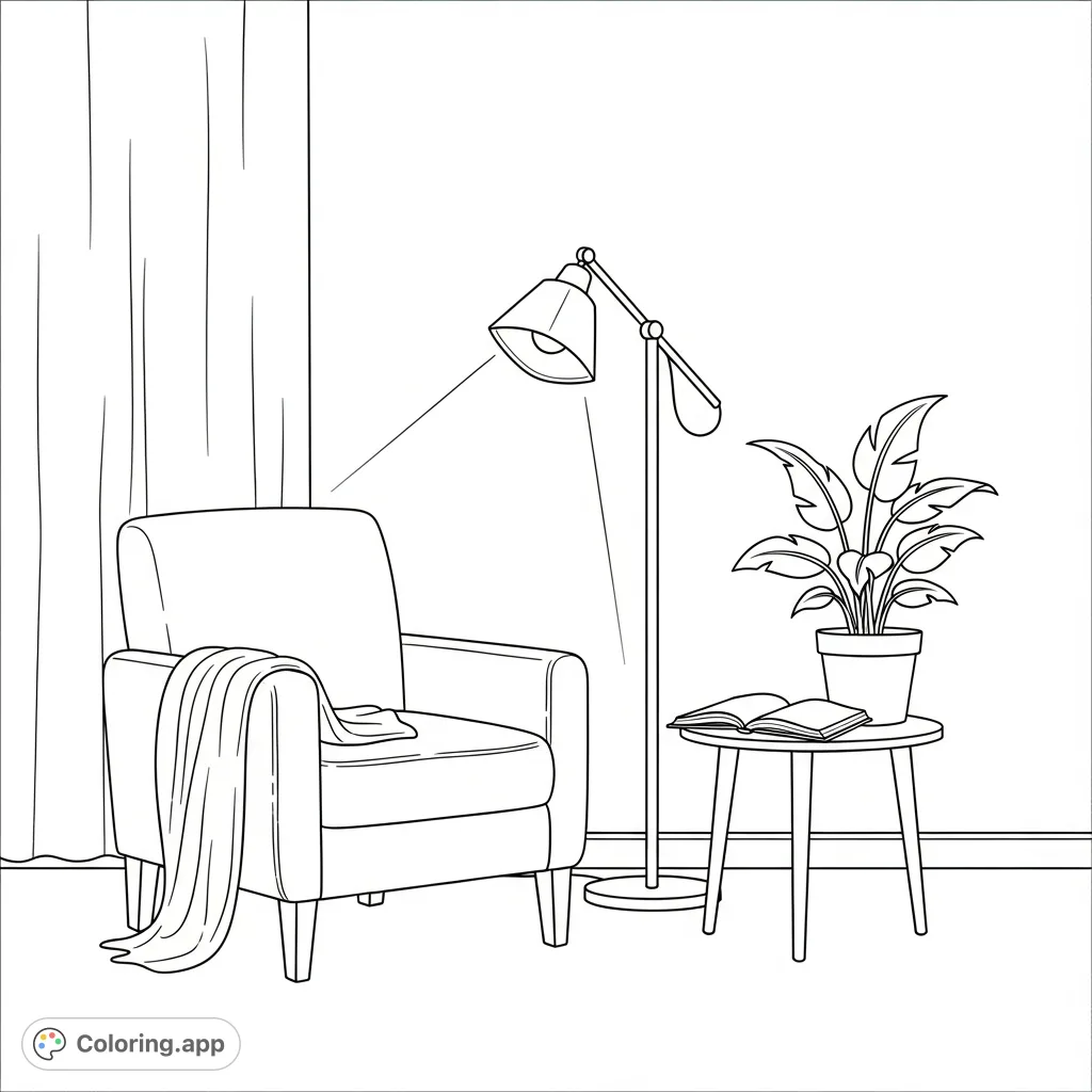 Discover tranquility with this minimal reading nook coloring page. Features a cozy armchair, sleek lamp, and plant for a serene, aesthetic escape.
