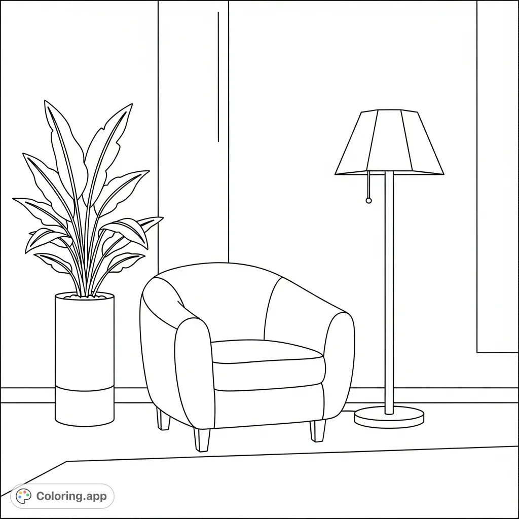 Discover a serene minimalist lounge featuring a plush armchair, elegant floor lamp, and a leafy potted plant. A perfect scene for modern relaxation.